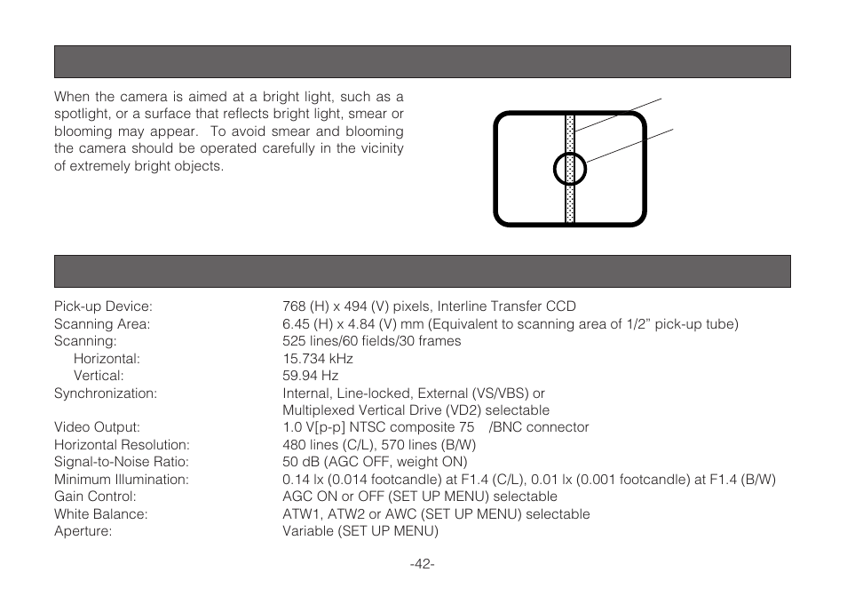 Prevention of blooming and smear, Specifications | Panasonic WV-C L924A User Manual | Page 41 / 45