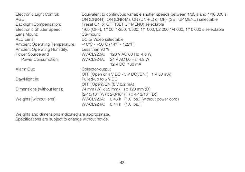 Panasonic WV-C L924A User Manual | Page 42 / 45