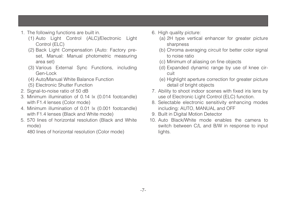 Features | Panasonic WV-C L924A User Manual | Page 7 / 45