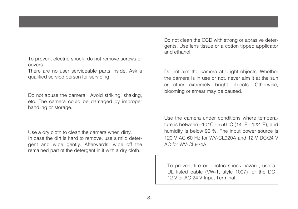 Precautions | Panasonic WV-C L924A User Manual | Page 8 / 45