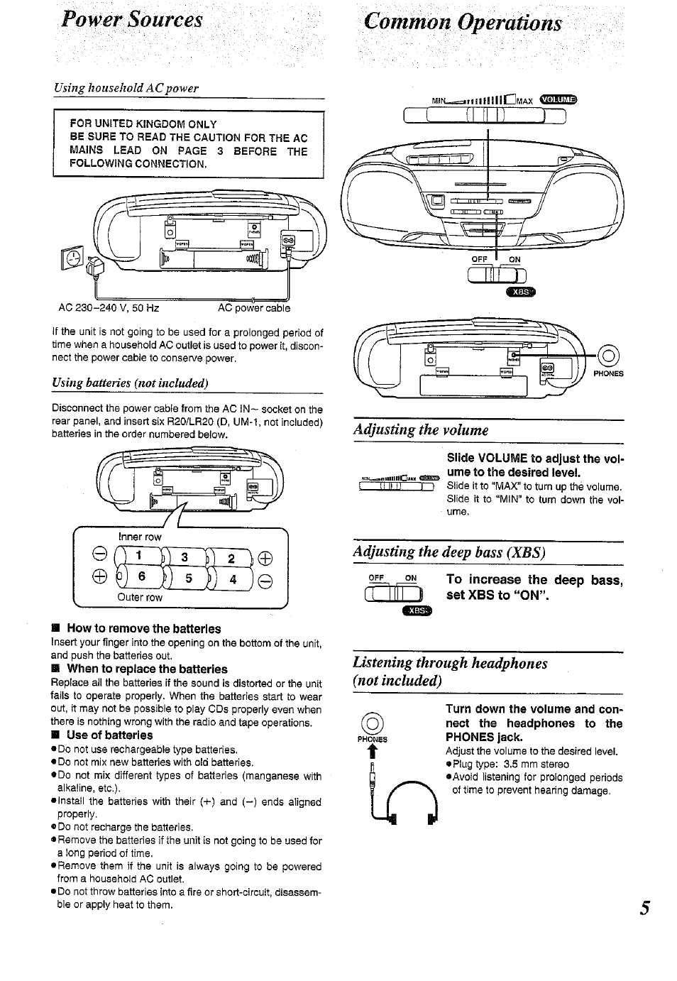 H how to remove the batteries, B use of batteries, Power sourcès 0 oinmún qperctáom | Il li u n, Adjusting the deep bass (xbs), Listening through headphones (not included), Using household ac power, Using batteries (not included) | Panasonic RX-DS11 User Manual | Page 5 / 12