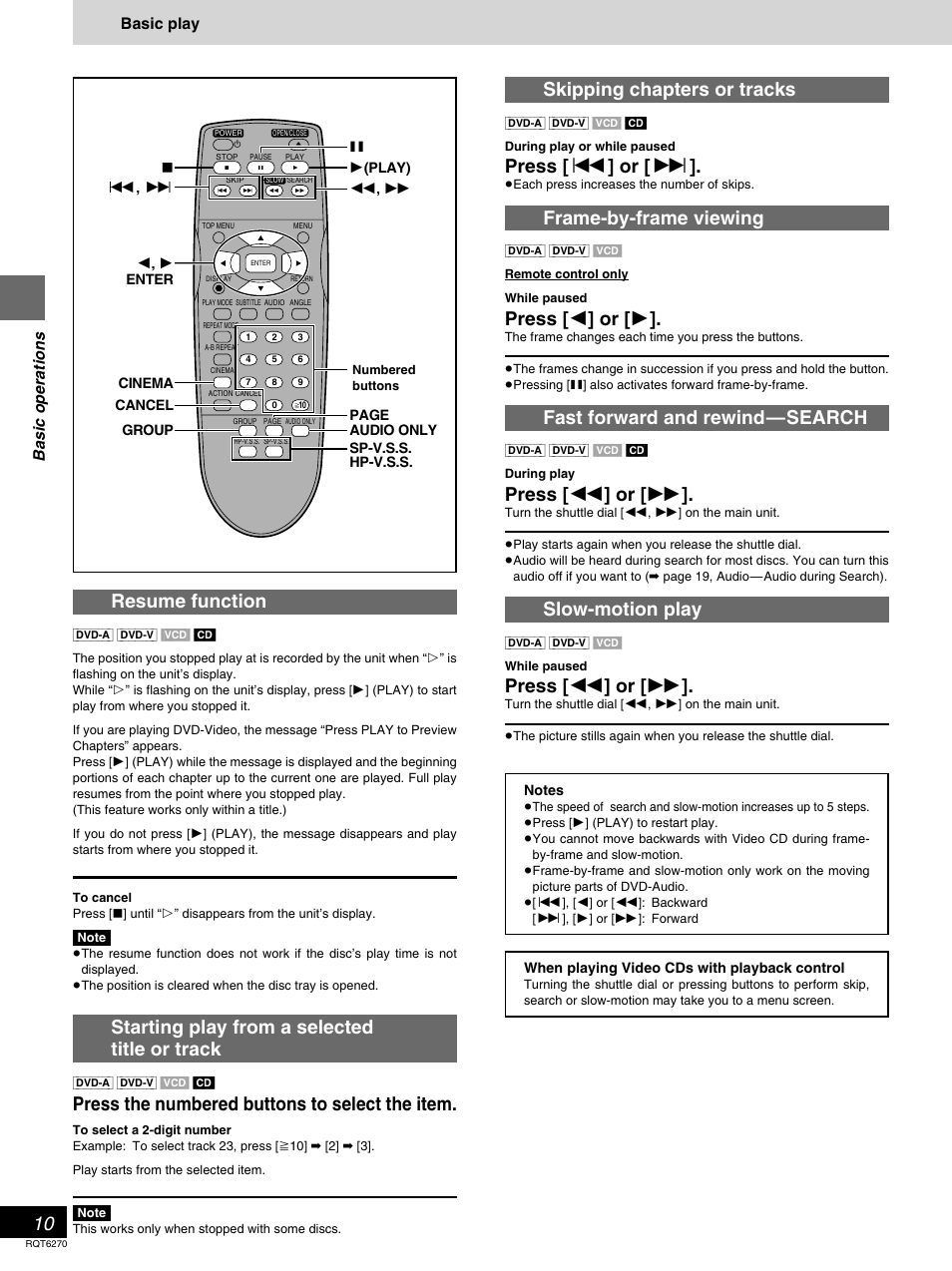 10 resume function, Starting play from a selected title or track, Press the numbered buttons to select the item | Skipping chapters or tracks, Press [ : ] or [ 9, Frame-by-frame viewing, Press [ 2 ] or [ 1, Fast forward and rewind—search, Press [ 6 ] or [ 5, Slow-motion play | Panasonic DVD-RA60 User Manual | Page 10 / 32