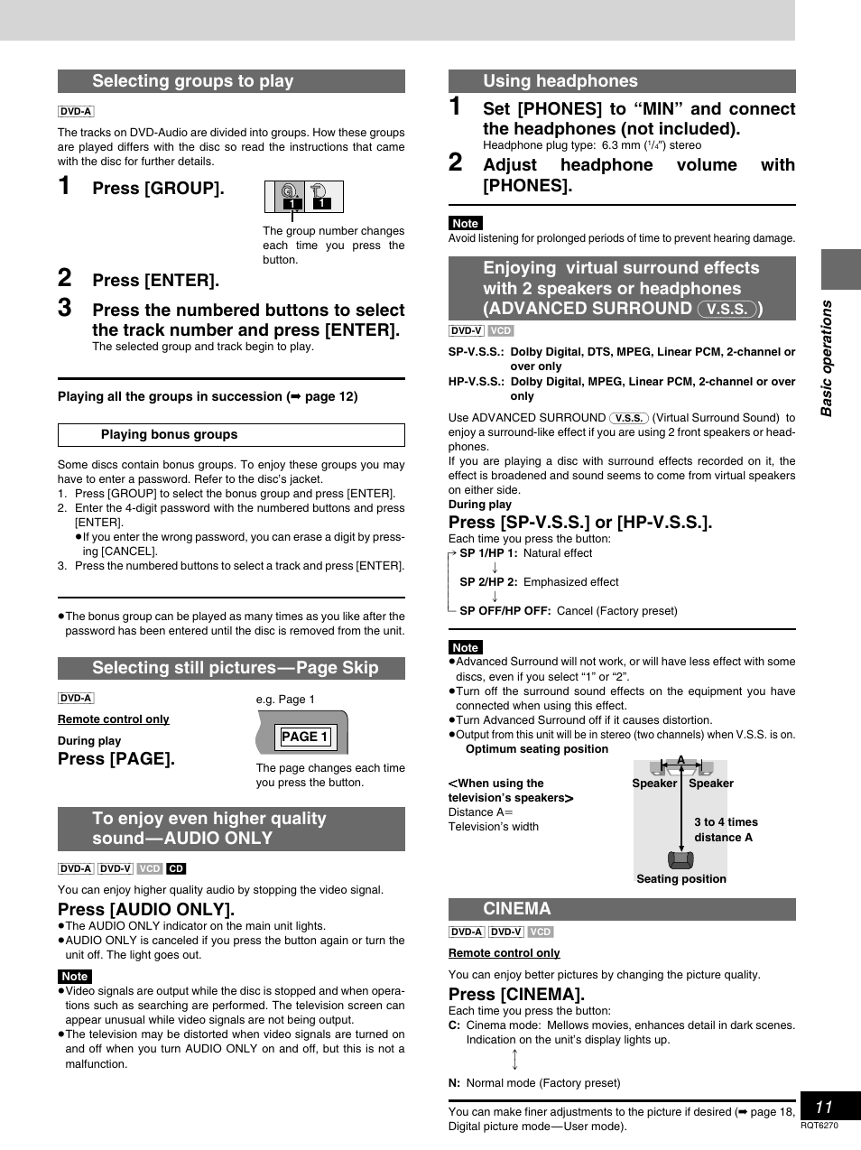 Selecting groups to play, Press [group, Press [enter | Selecting still pictures—page skip, Press [audio only, Using headphones, Adjust headphone volume with [phones, Press [sp-v.s.s.] or [hp-v.s.s, Cinema, Press [cinema | Panasonic DVD-RA60 User Manual | Page 11 / 32