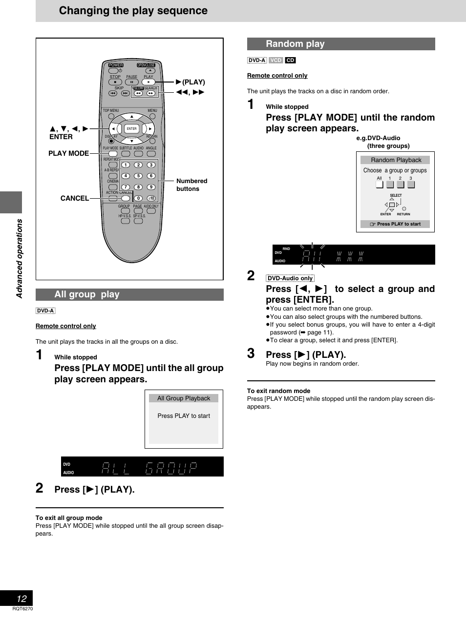 Advanced operations, Changing the play sequence, Random play | Press [ 2 , 1 ] to select a group and press [enter, Press [ 1 ] (play), All group play | Panasonic DVD-RA60 User Manual | Page 12 / 32