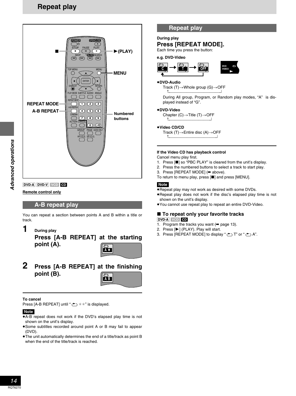 Repeat play, A-b repeat play, Press [a-b repeat] at the starting point (a) | Press [a-b repeat] at the finishing point (b), Press [repeat mode, Advanced operations | Panasonic DVD-RA60 User Manual | Page 14 / 32