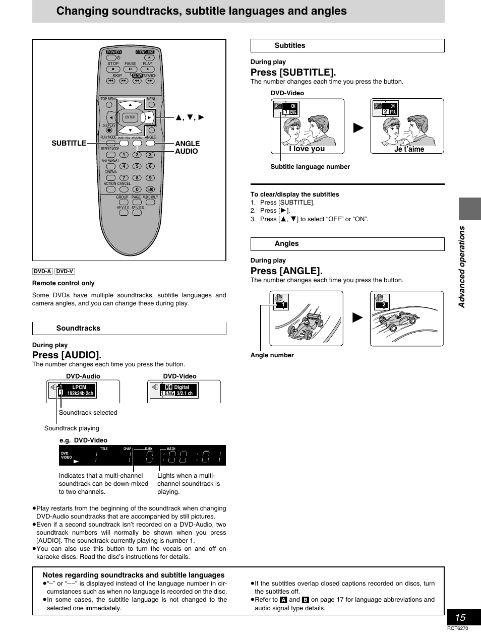 Press [audio, Press [subtitle, Press [angle | Advanced operations, I love you je t’aime, Subtitle audio angle 3 , 4 , 1, Soundtracks, Subtitles, Angles | Panasonic DVD-RA60 User Manual | Page 15 / 32