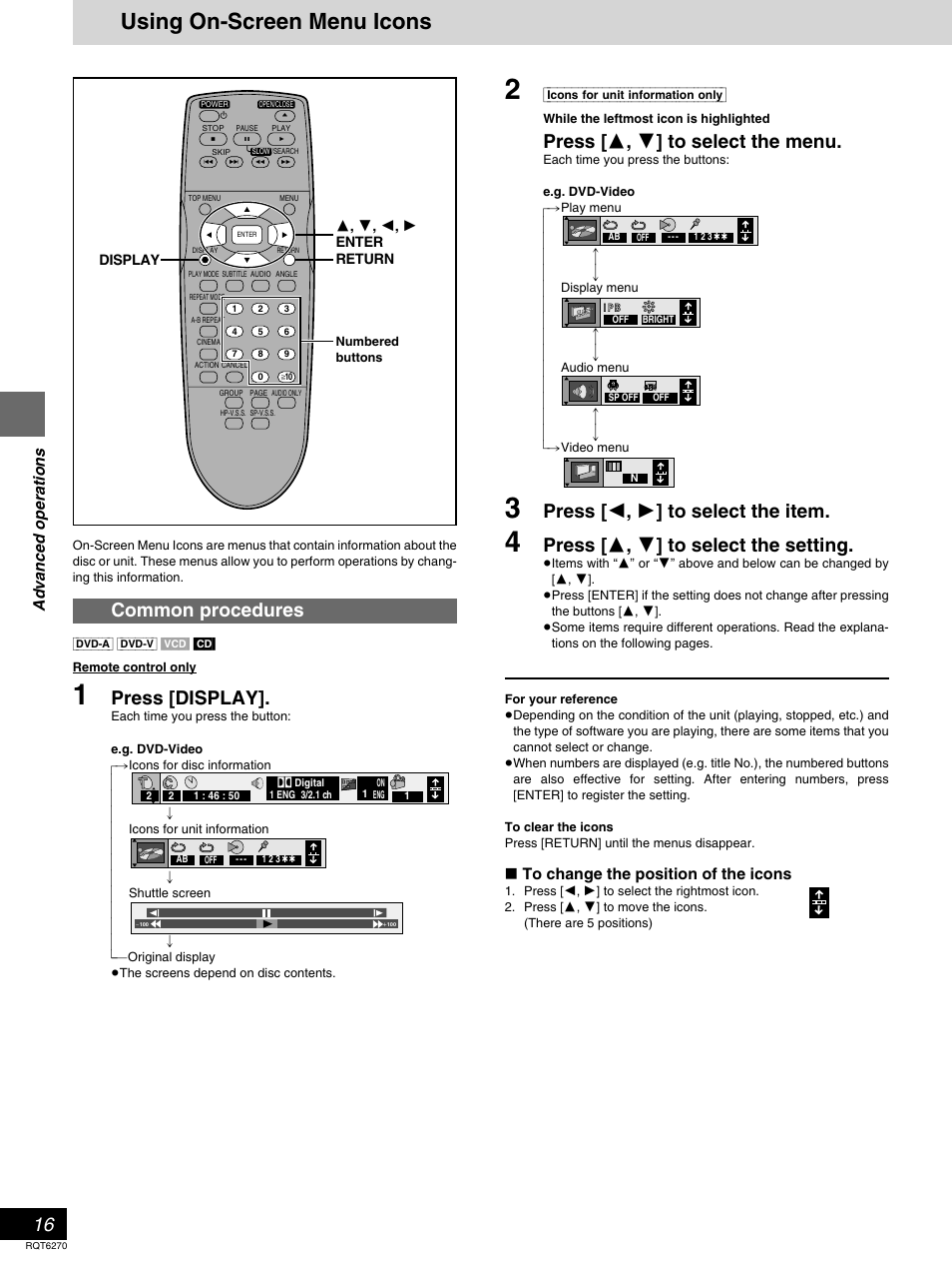 Using on-screen menu icons, Press [ 3 , 4 ] to select the menu, Press [ 2 , 1 ] to select the item | Press [ 3 , 4 ] to select the setting, Common procedures, Press [display, Advanced operations | Panasonic DVD-RA60 User Manual | Page 16 / 32