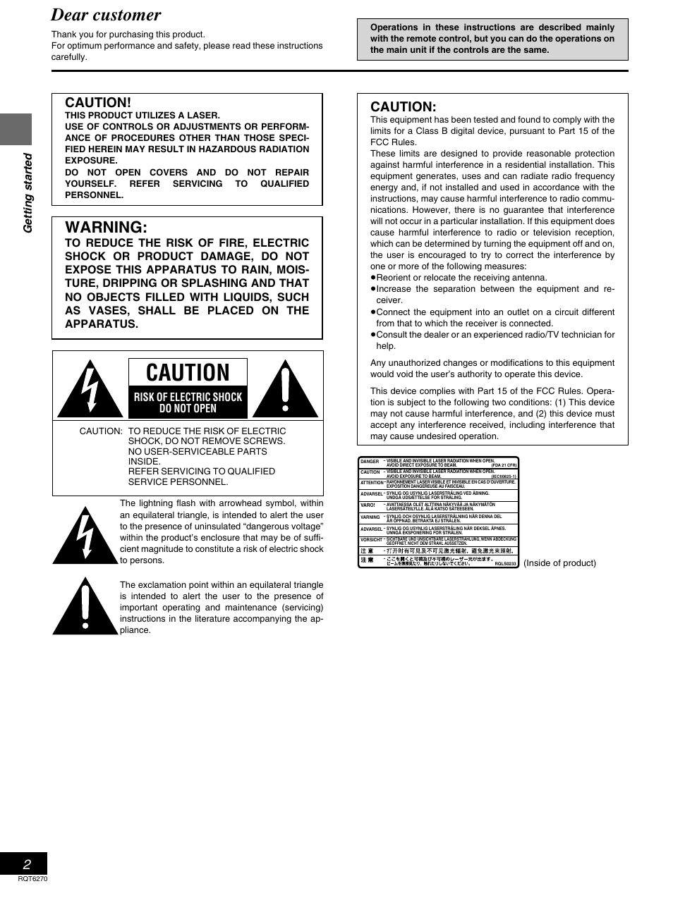 Dear customer, Warning, Caution | Getting started, Risk of electric shock do not open | Panasonic DVD-RA60 User Manual | Page 2 / 32