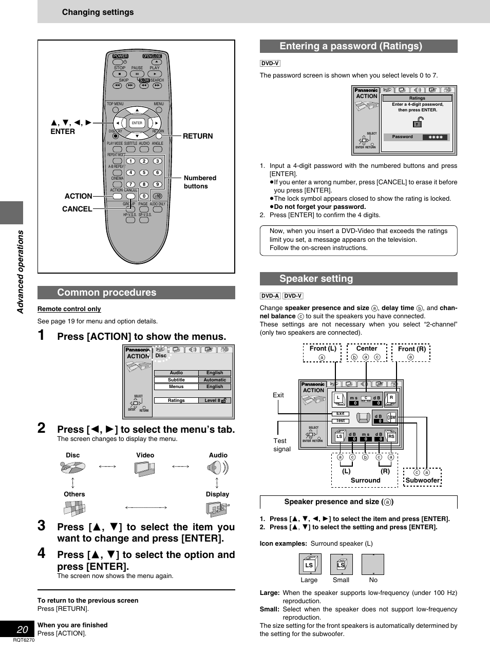 Common procedures, Press [action] to show the menus, Press [ 2 , 1 ] to select the menu’s tab | Entering a password (ratings), Speaker setting, Advanced operations, Changing settings | Panasonic DVD-RA60 User Manual | Page 20 / 32