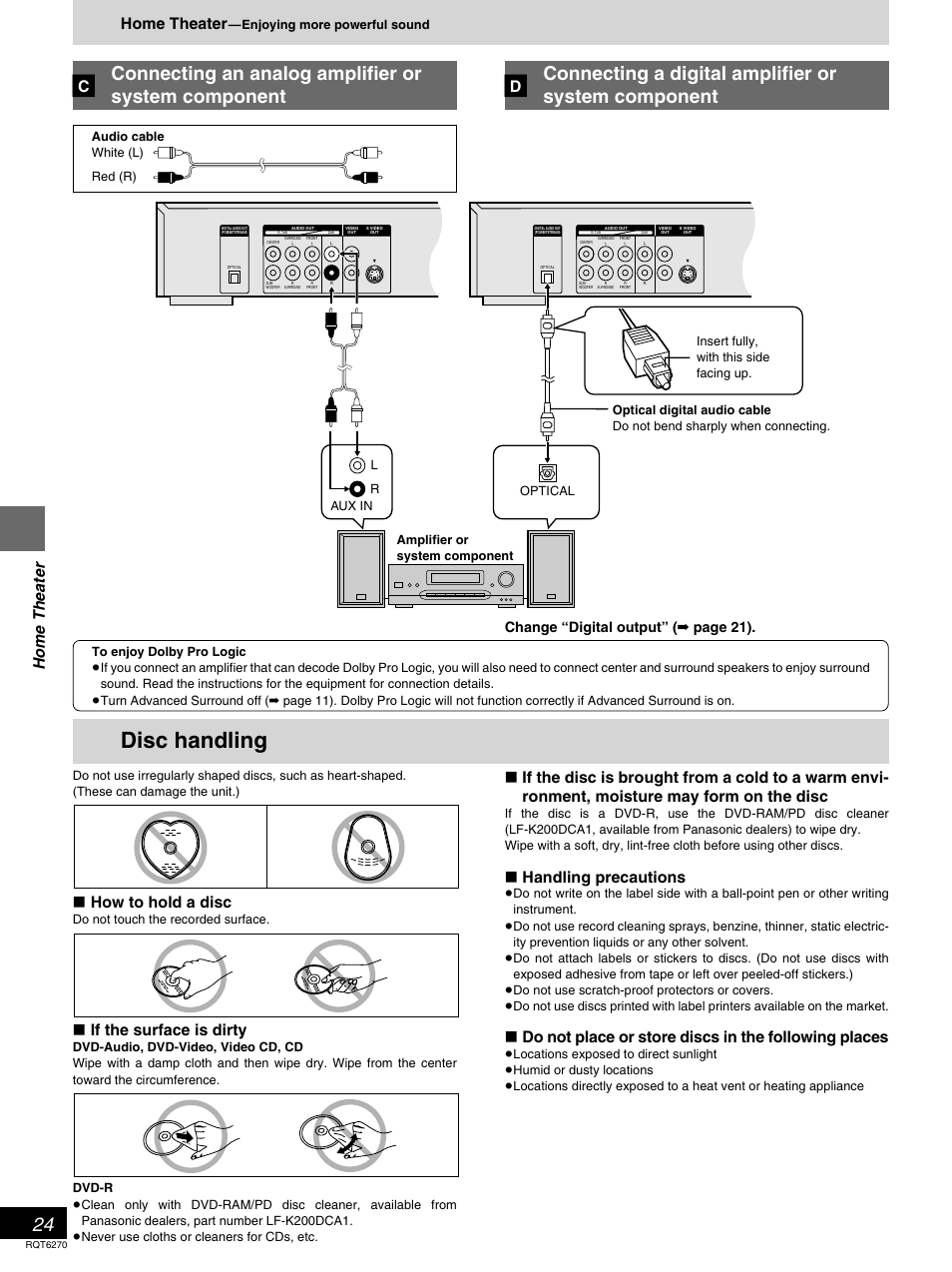 Disc handling, Connecting an analog amplifier or system component, Connecting a digital amplifier or system component | Home theater, How to hold a disc, If the surface is dirty, Handling precautions, Change “digital output” ( ➡ page 21) | Panasonic DVD-RA60 User Manual | Page 24 / 32