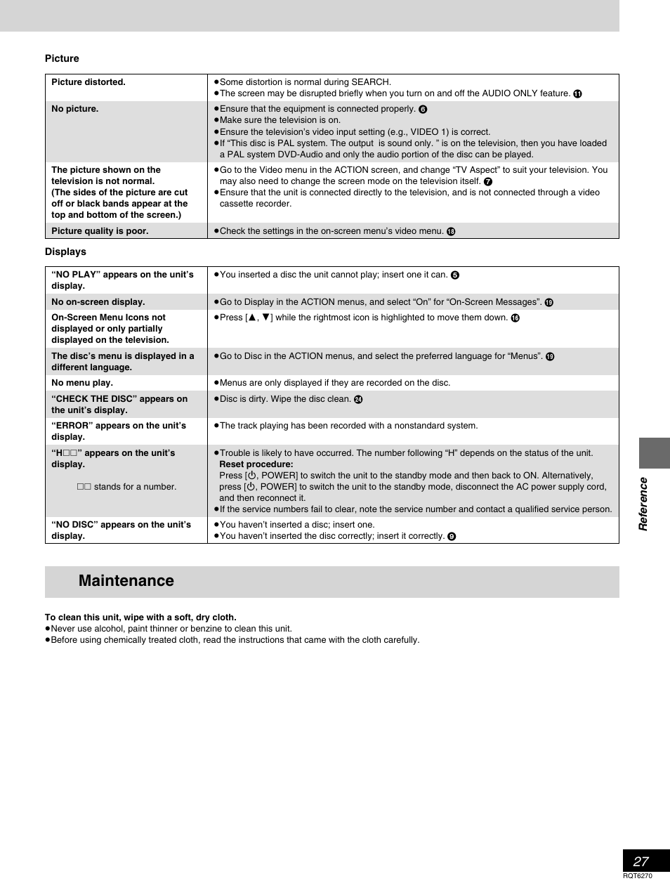 Maintenance, Reference | Panasonic DVD-RA60 User Manual | Page 27 / 32