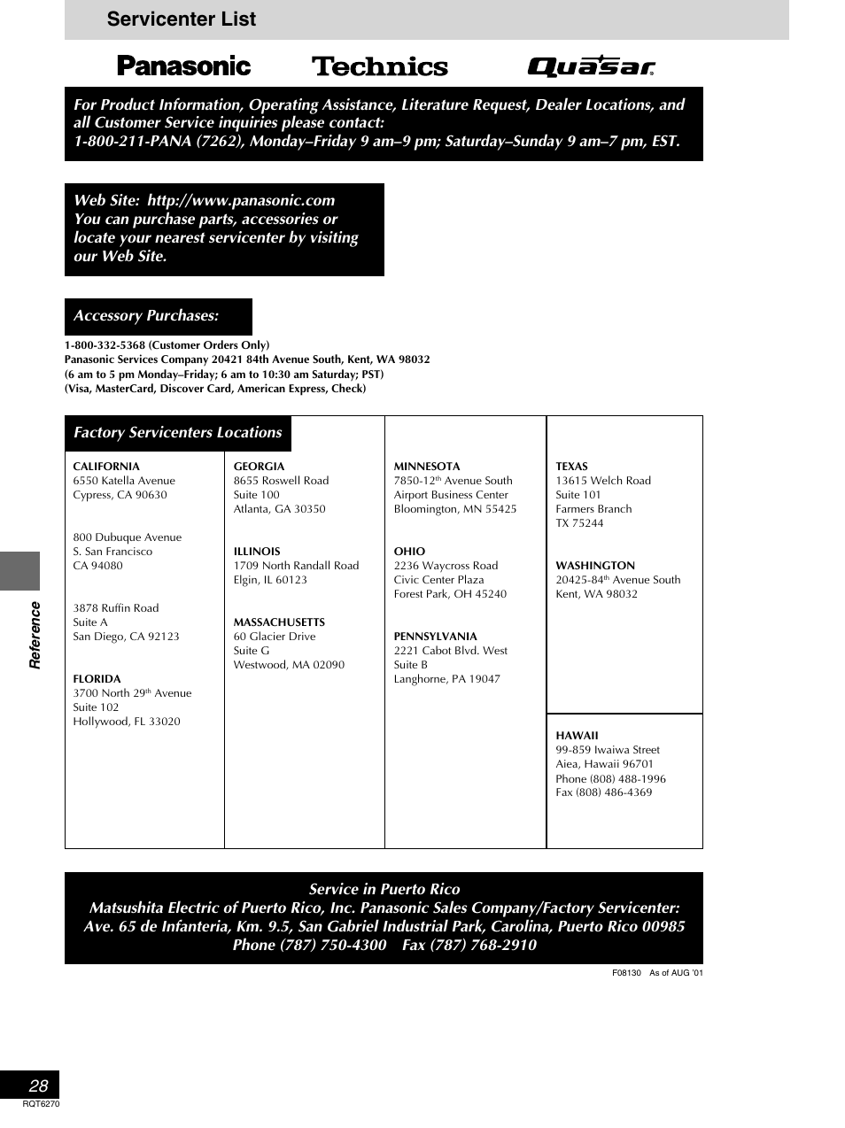 Servicenter list, Factory servicenters locations | Panasonic DVD-RA60 User Manual | Page 28 / 32