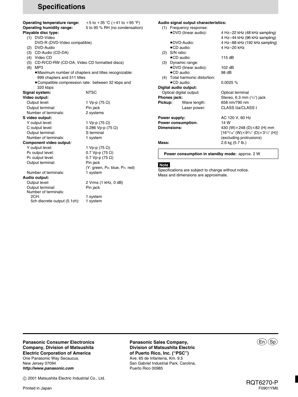 Specifications, Rqt6270-p | Panasonic DVD-RA60 User Manual | Page 32 / 32