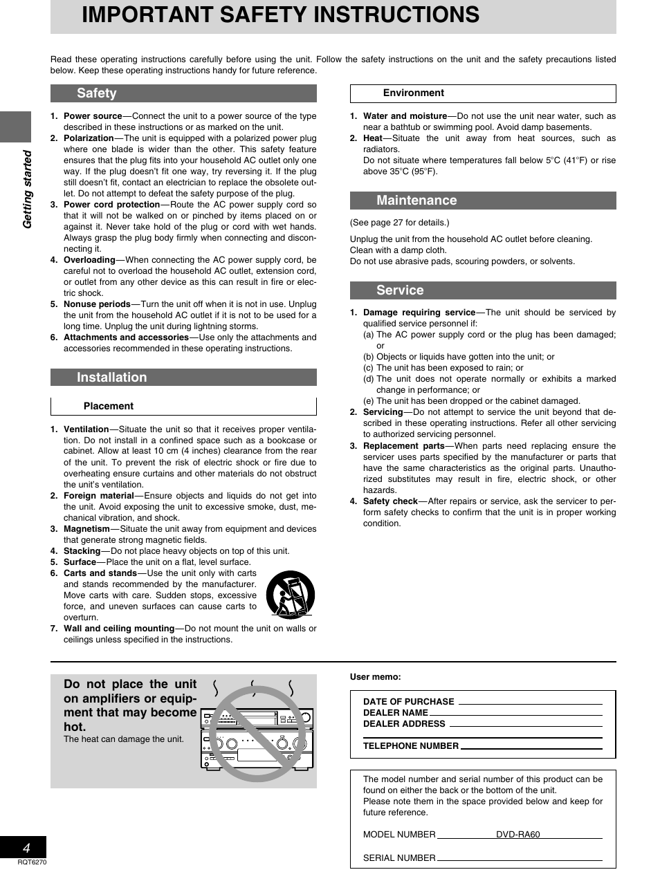 Important safety instructions, Safety, Installation | Maintenance, Service | Panasonic DVD-RA60 User Manual | Page 4 / 32