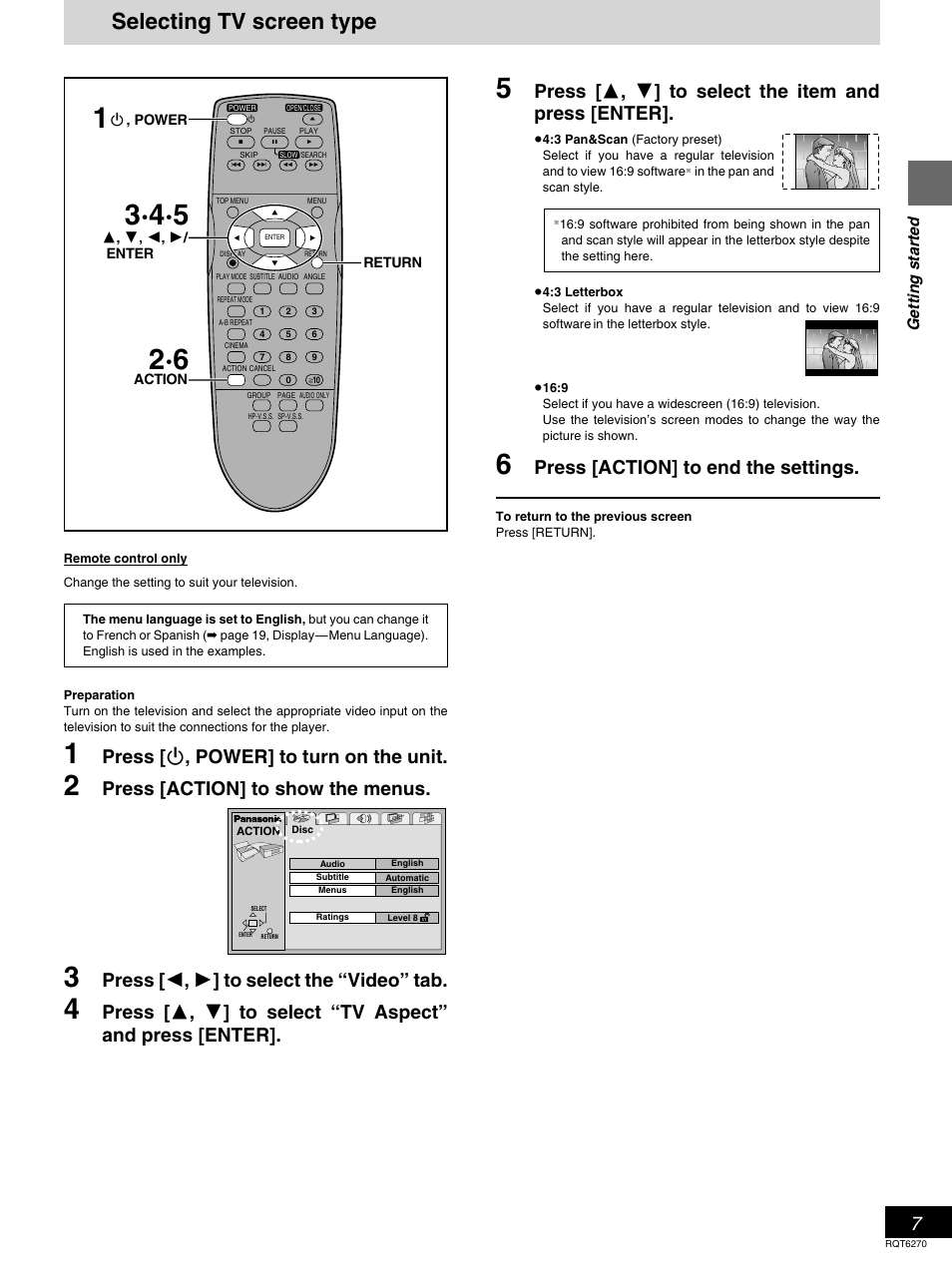 Selecting tv screen type, Press [ í , power] to turn on the unit, Press [action] to show the menus | Press [ 2 , 1 ] to select the “video” tab, Press [action] to end the settings, Getting started | Panasonic DVD-RA60 User Manual | Page 7 / 32