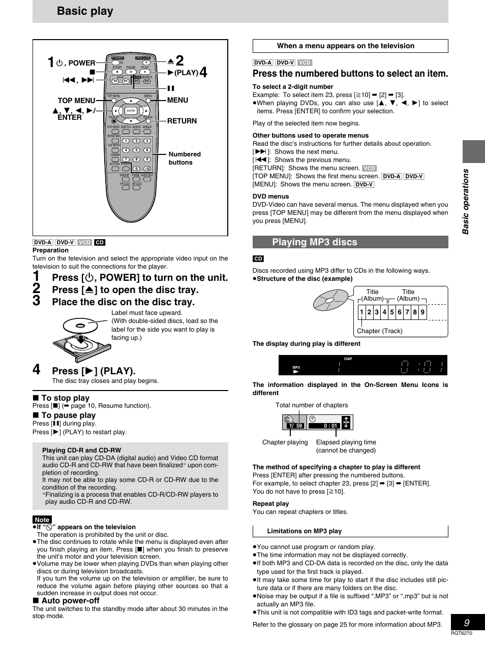 Basic operations, Basic play, Press the numbered buttons to select an item | Playing mp3 discs, Press [ í , power] to turn on the unit, Press [ < ] to open the disc tray, Place the disc on the disc tray, Press [ 1 ] (play), Auto power-off | Panasonic DVD-RA60 User Manual | Page 9 / 32