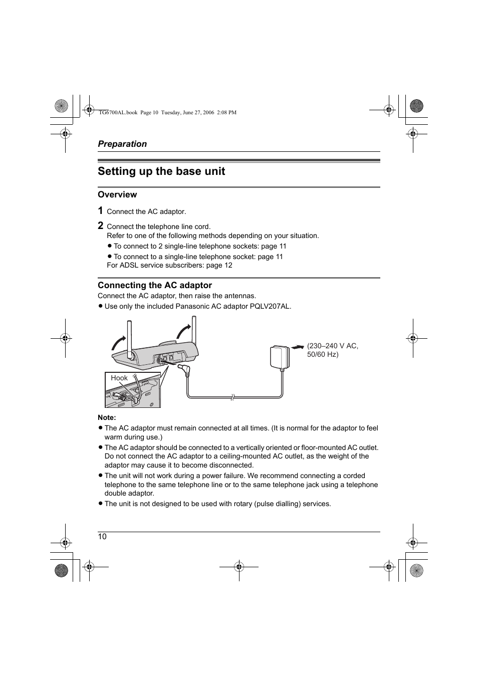 Setting up the base unit | Panasonic KX-TG6700AL User Manual | Page 10 / 72