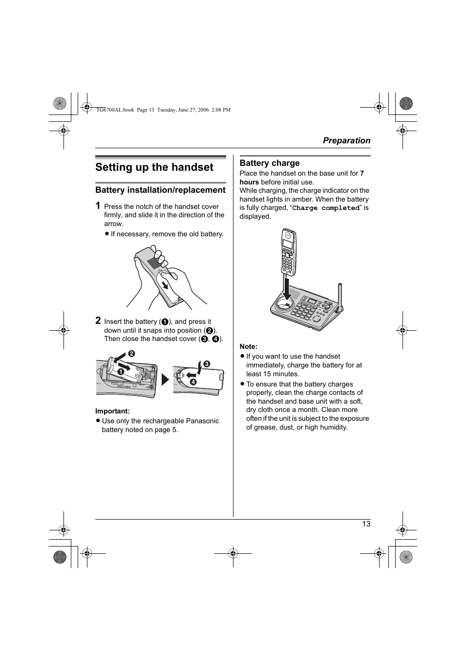 Setting up the handset | Panasonic KX-TG6700AL User Manual | Page 13 / 72