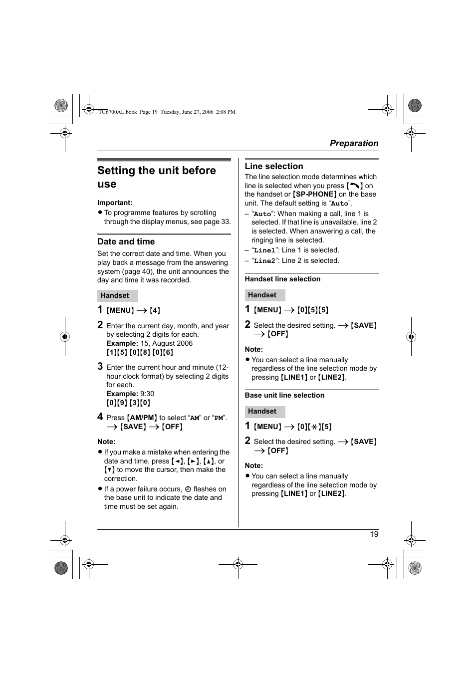 Setting the unit before use | Panasonic KX-TG6700AL User Manual | Page 19 / 72