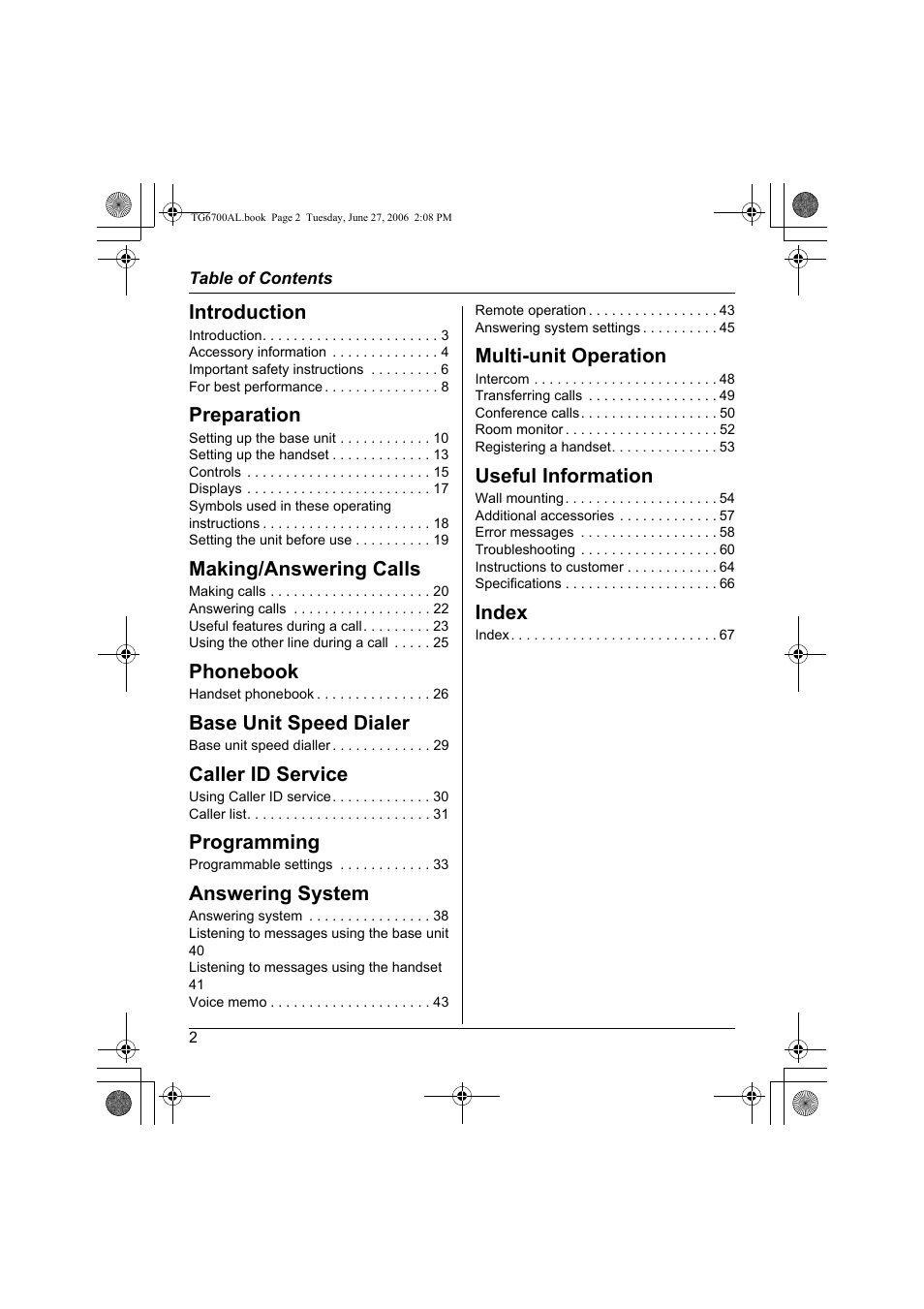 Panasonic KX-TG6700AL User Manual | Page 2 / 72