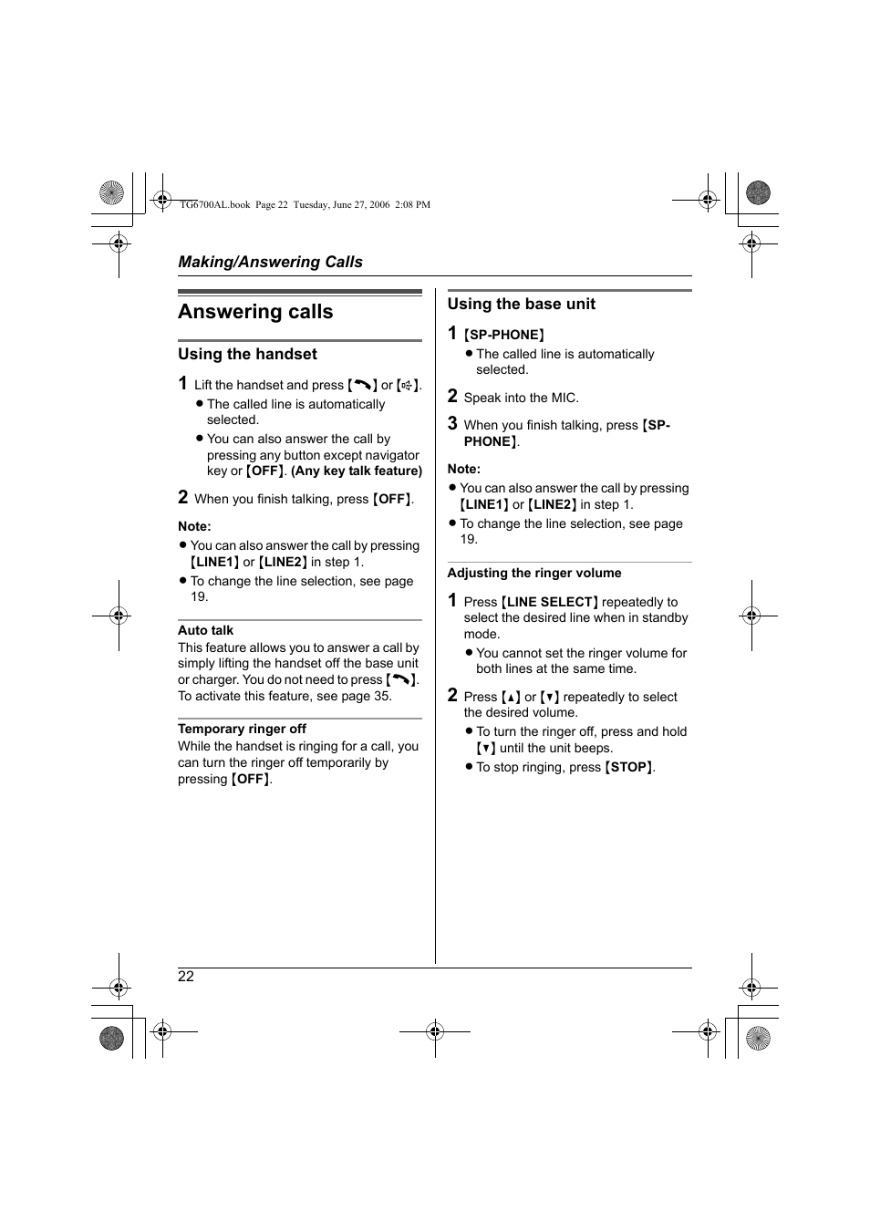 Answering calls | Panasonic KX-TG6700AL User Manual | Page 22 / 72