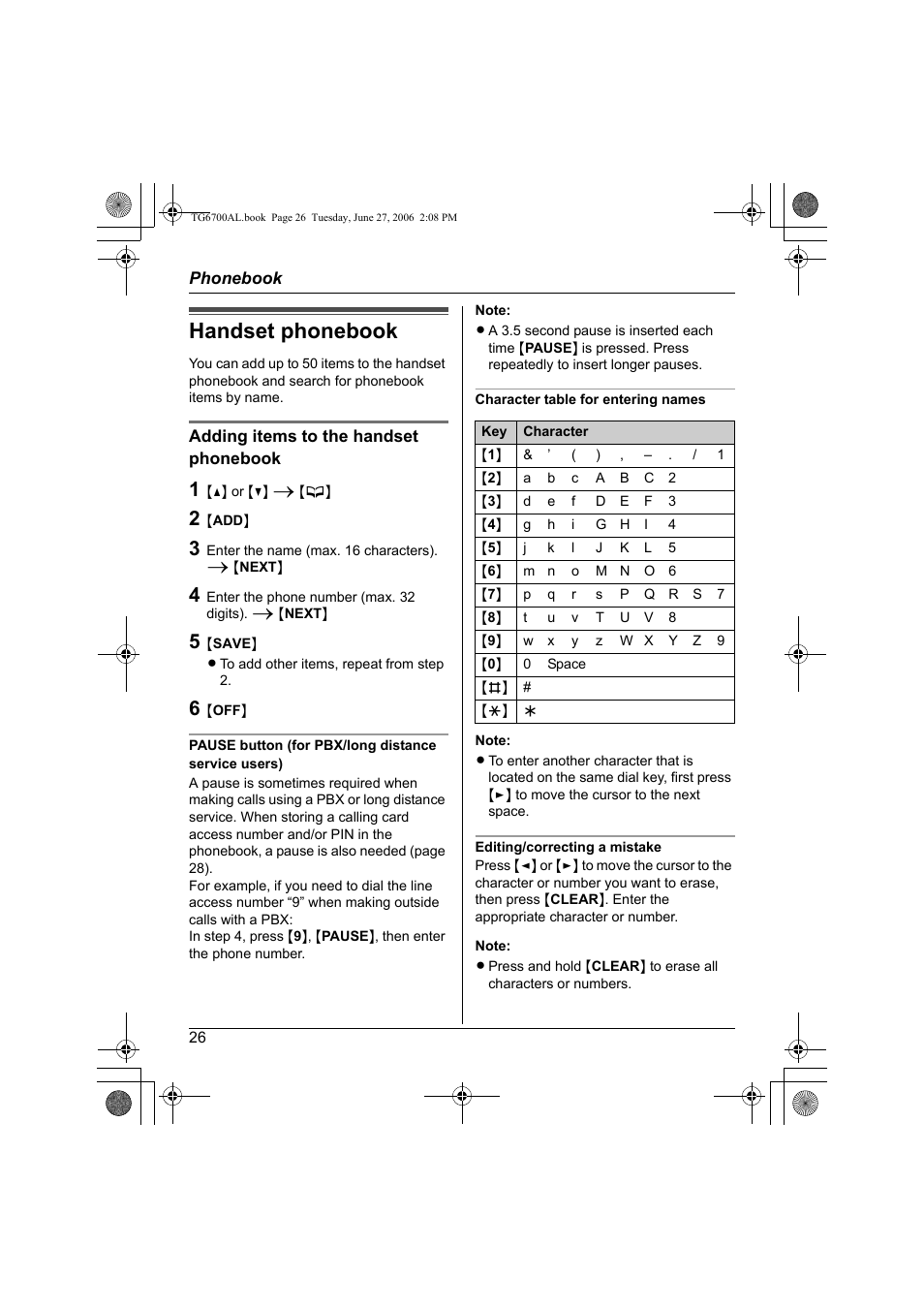 Handset phonebook | Panasonic KX-TG6700AL User Manual | Page 26 / 72