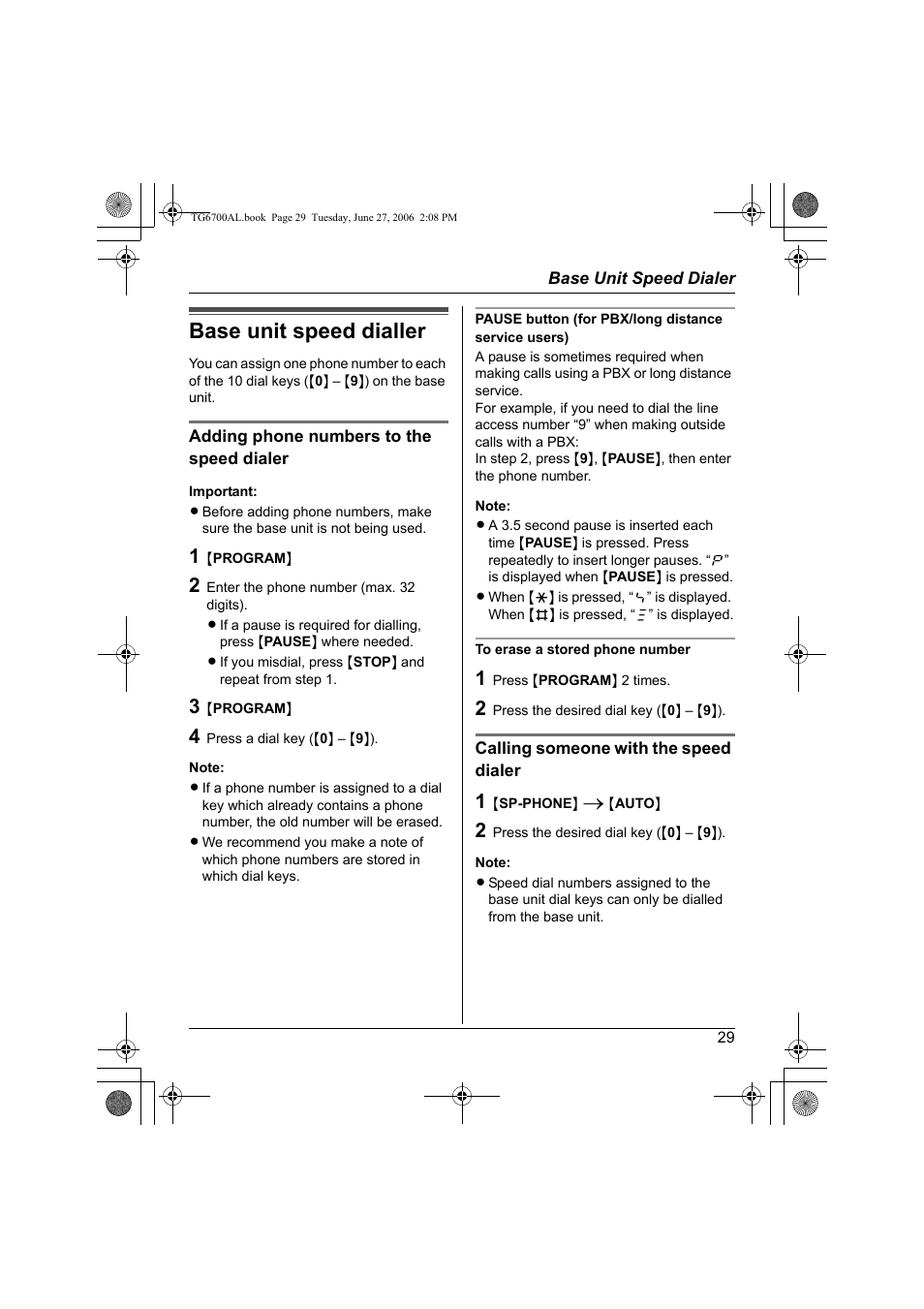 Base unit speed dialler | Panasonic KX-TG6700AL User Manual | Page 29 / 72