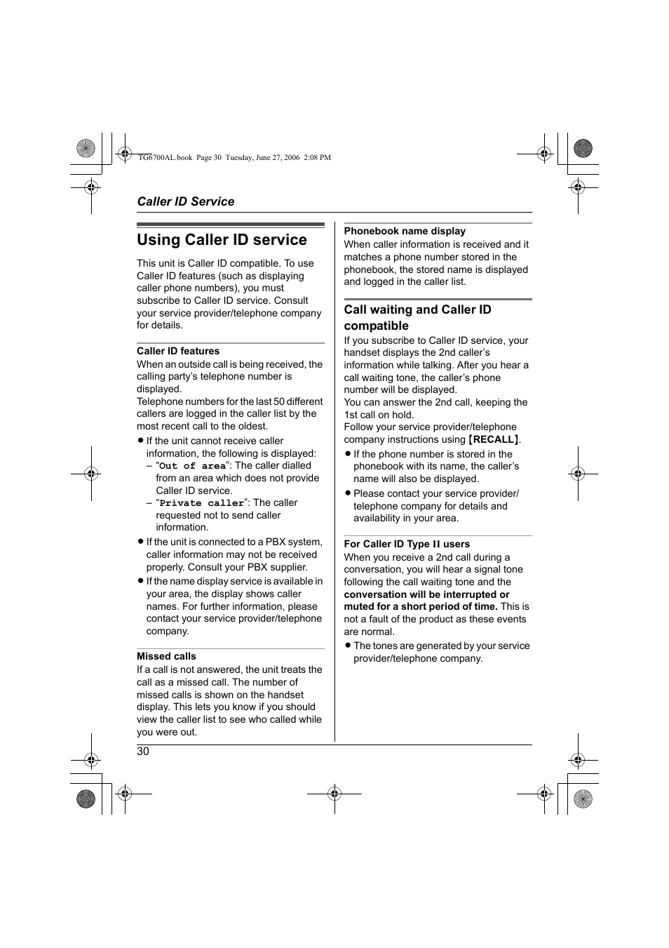 Using caller id service | Panasonic KX-TG6700AL User Manual | Page 30 / 72