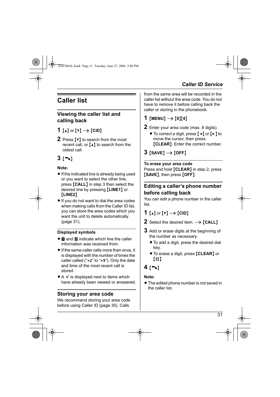 Caller list | Panasonic KX-TG6700AL User Manual | Page 31 / 72
