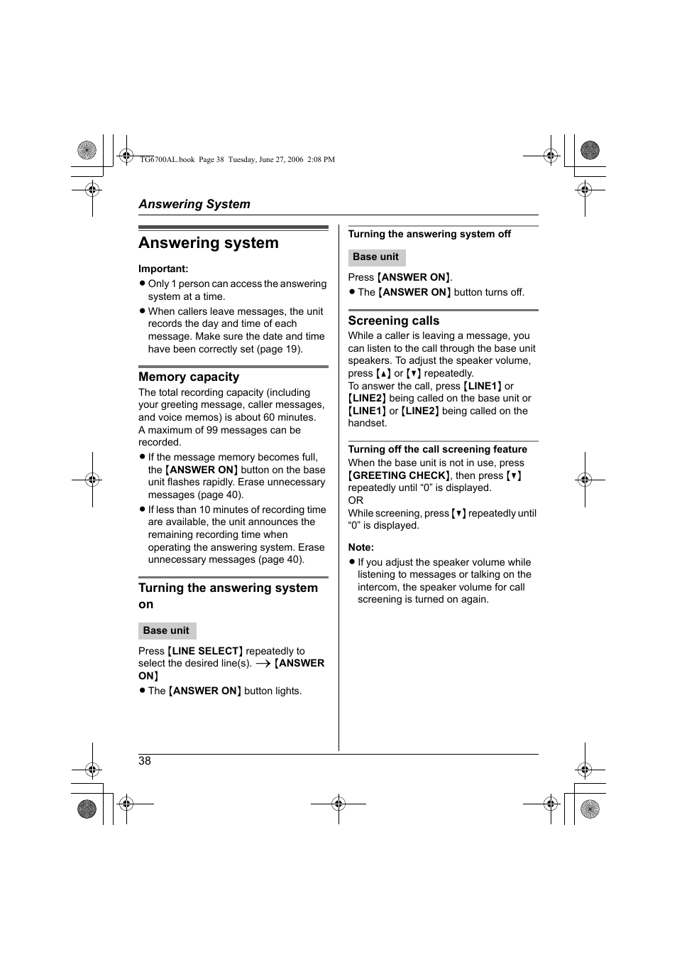 Answering system | Panasonic KX-TG6700AL User Manual | Page 38 / 72