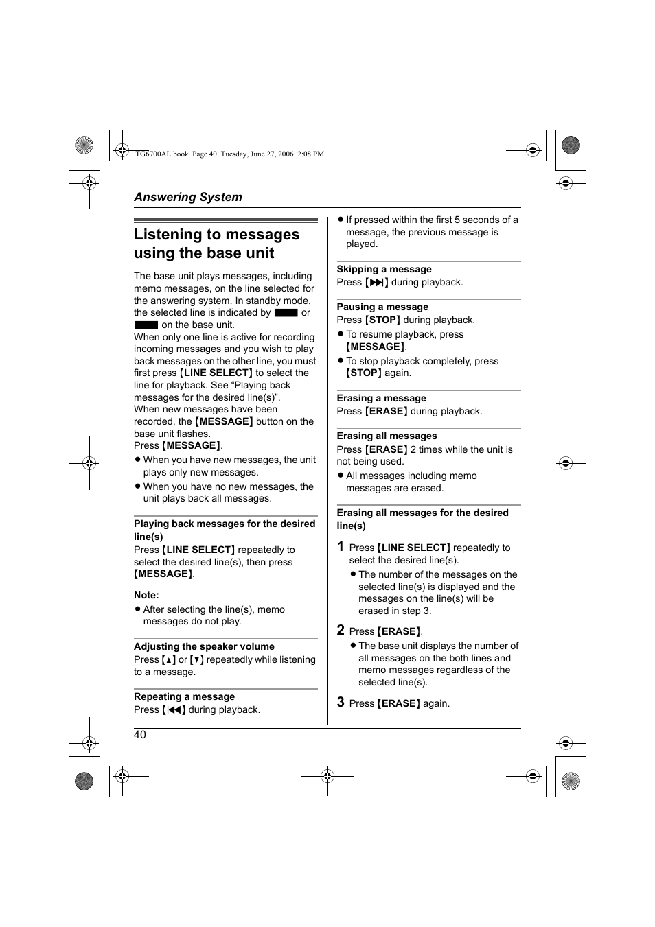 Listening to messages using the base unit | Panasonic KX-TG6700AL User Manual | Page 40 / 72