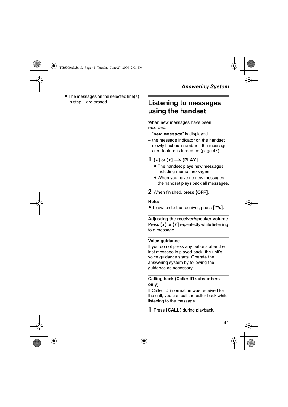 Listening to messages using the handset | Panasonic KX-TG6700AL User Manual | Page 41 / 72