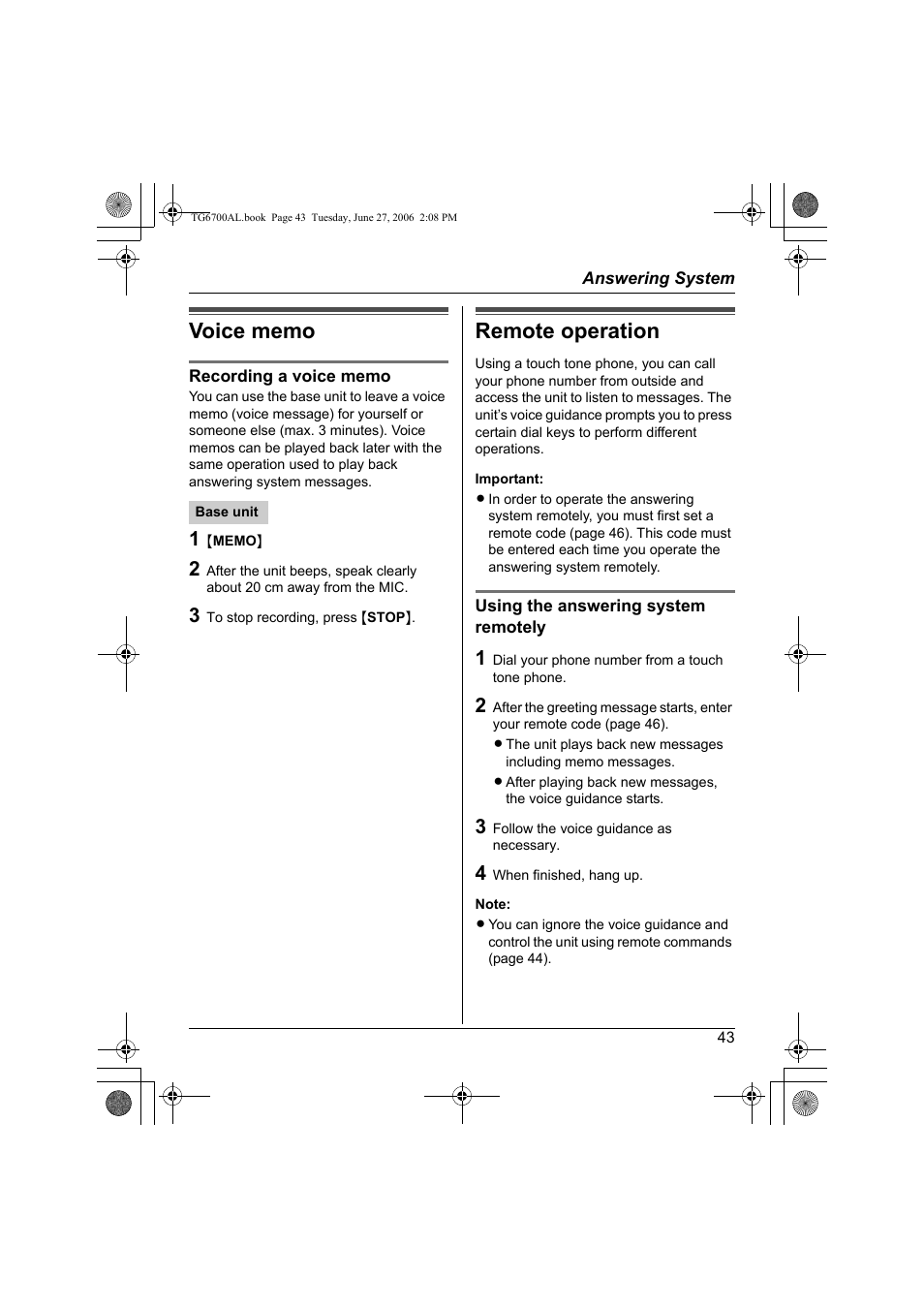 Remote operation | Panasonic KX-TG6700AL User Manual | Page 43 / 72