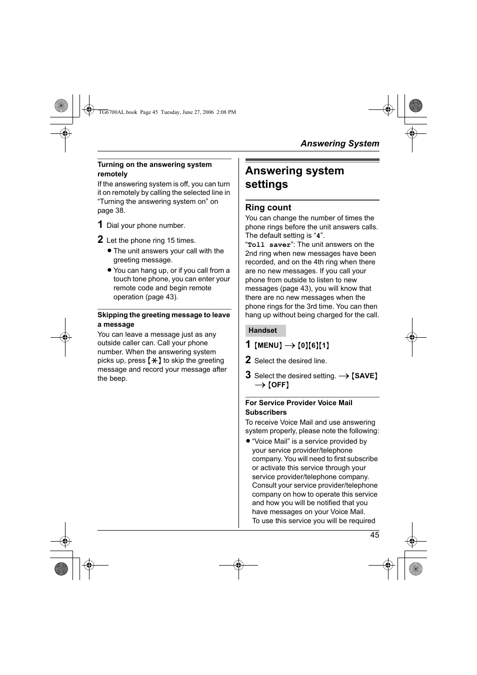 Answering system settings | Panasonic KX-TG6700AL User Manual | Page 45 / 72