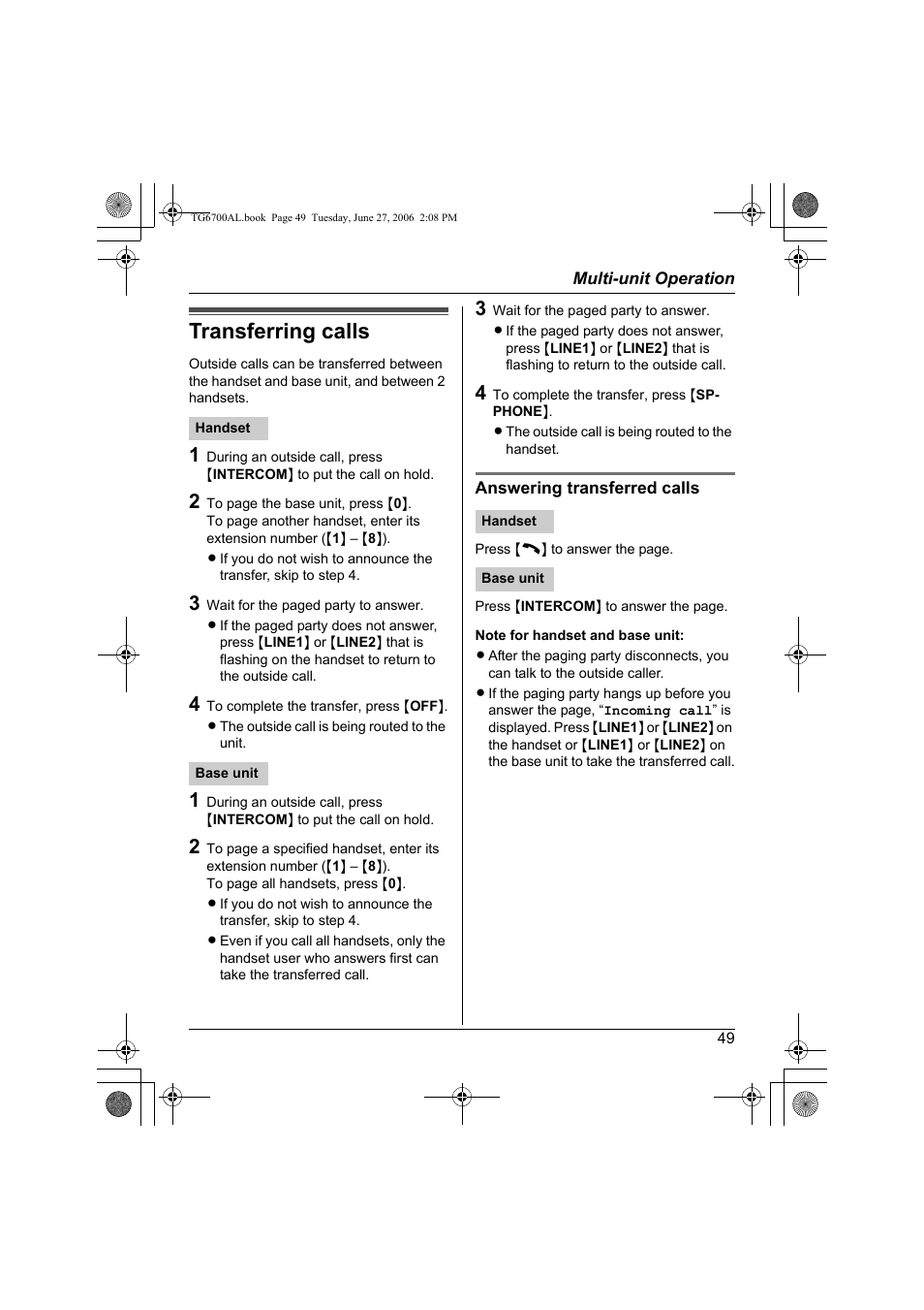 Transferring calls | Panasonic KX-TG6700AL User Manual | Page 49 / 72