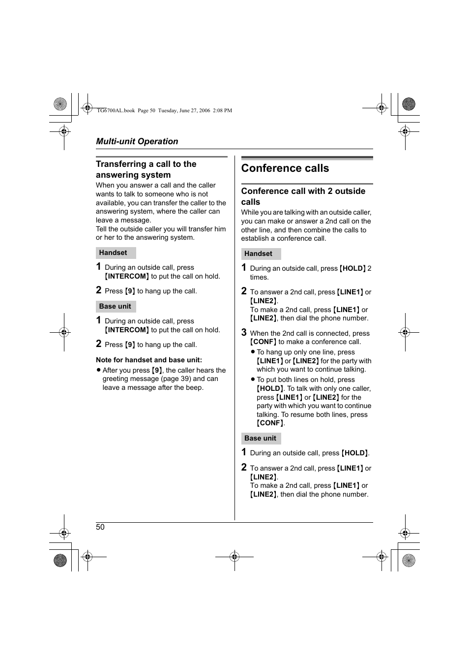 Conference calls | Panasonic KX-TG6700AL User Manual | Page 50 / 72