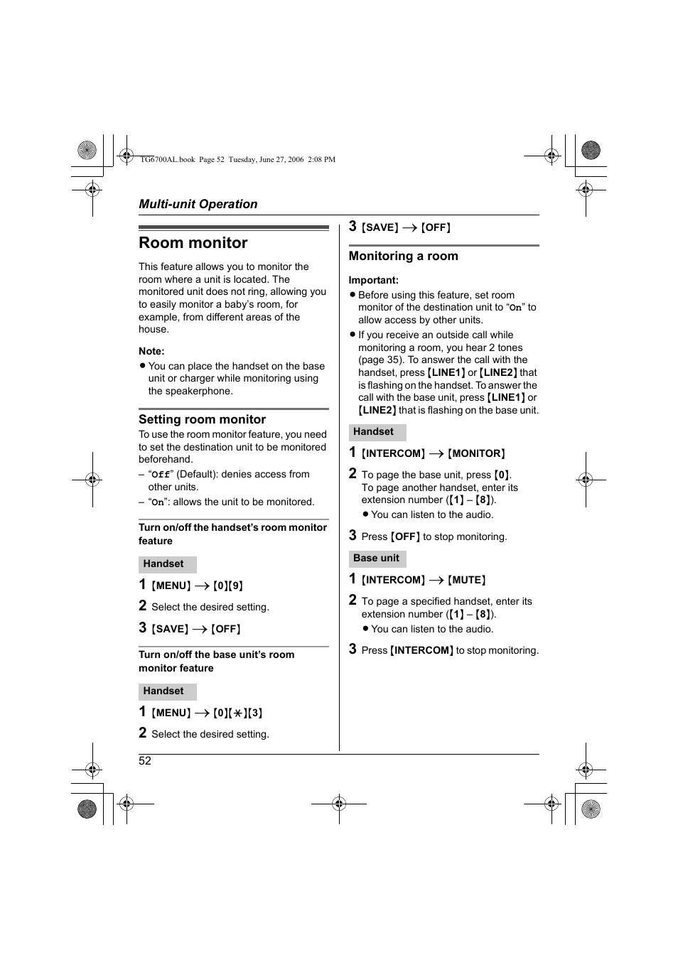 Room monitor | Panasonic KX-TG6700AL User Manual | Page 52 / 72