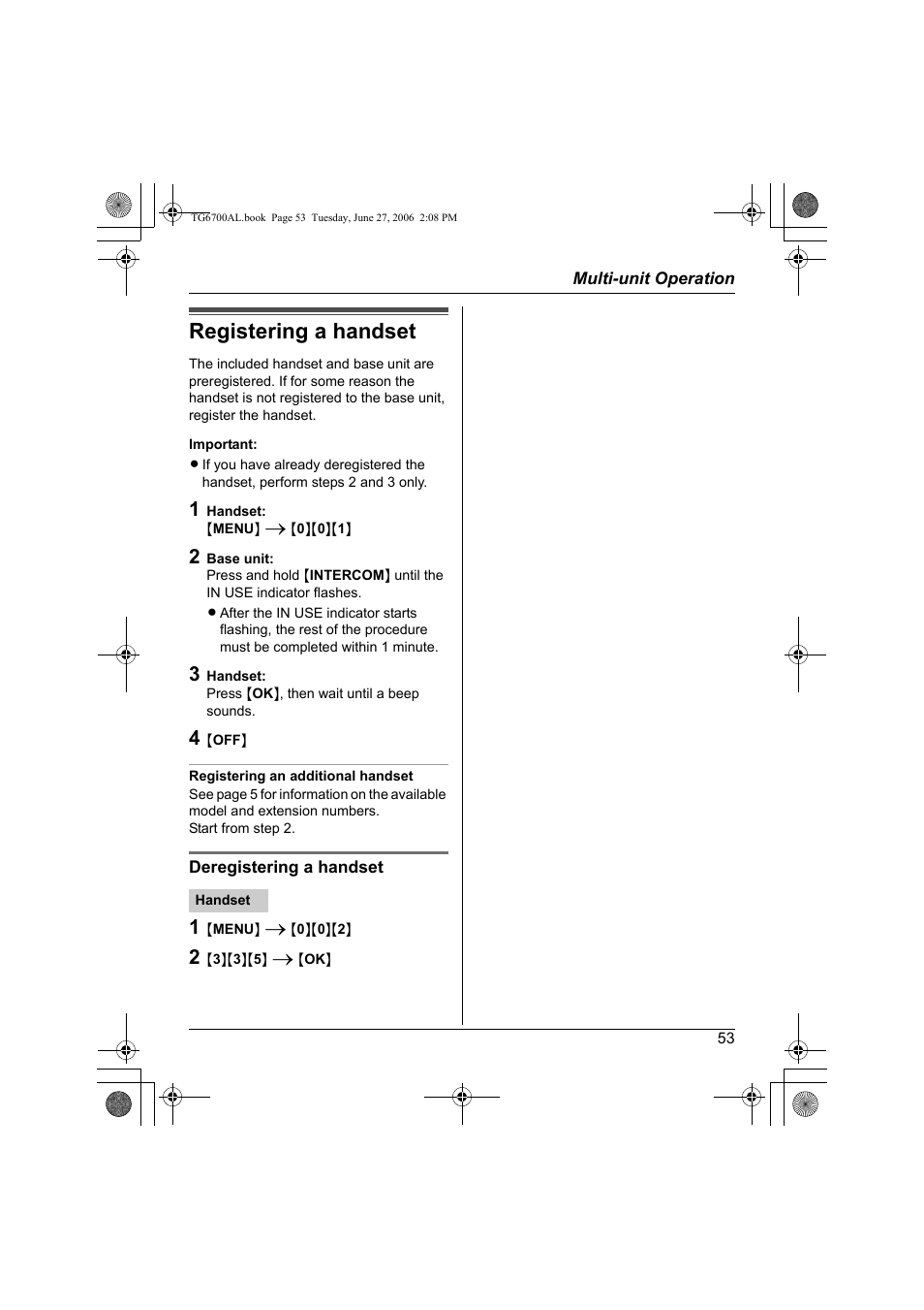 Registering a handset | Panasonic KX-TG6700AL User Manual | Page 53 / 72