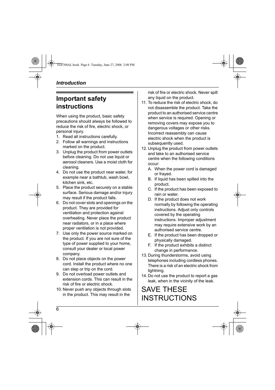 Save these instructions, Important safety instructions | Panasonic KX-TG6700AL User Manual | Page 6 / 72
