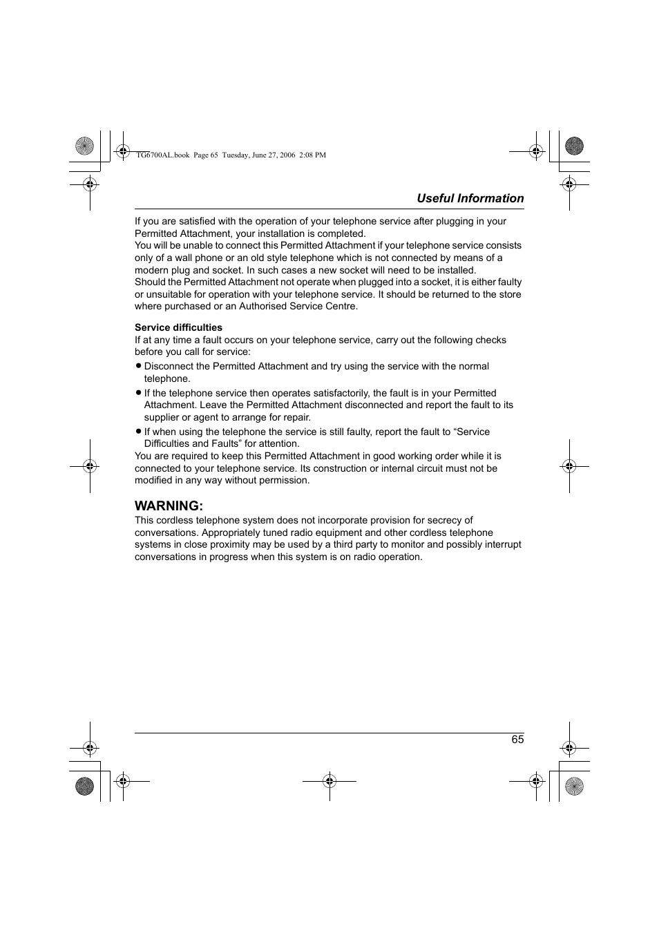 Warning | Panasonic KX-TG6700AL User Manual | Page 65 / 72