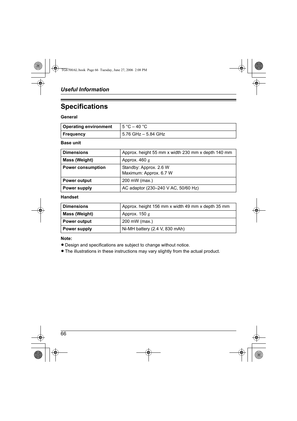 Specifications | Panasonic KX-TG6700AL User Manual | Page 66 / 72