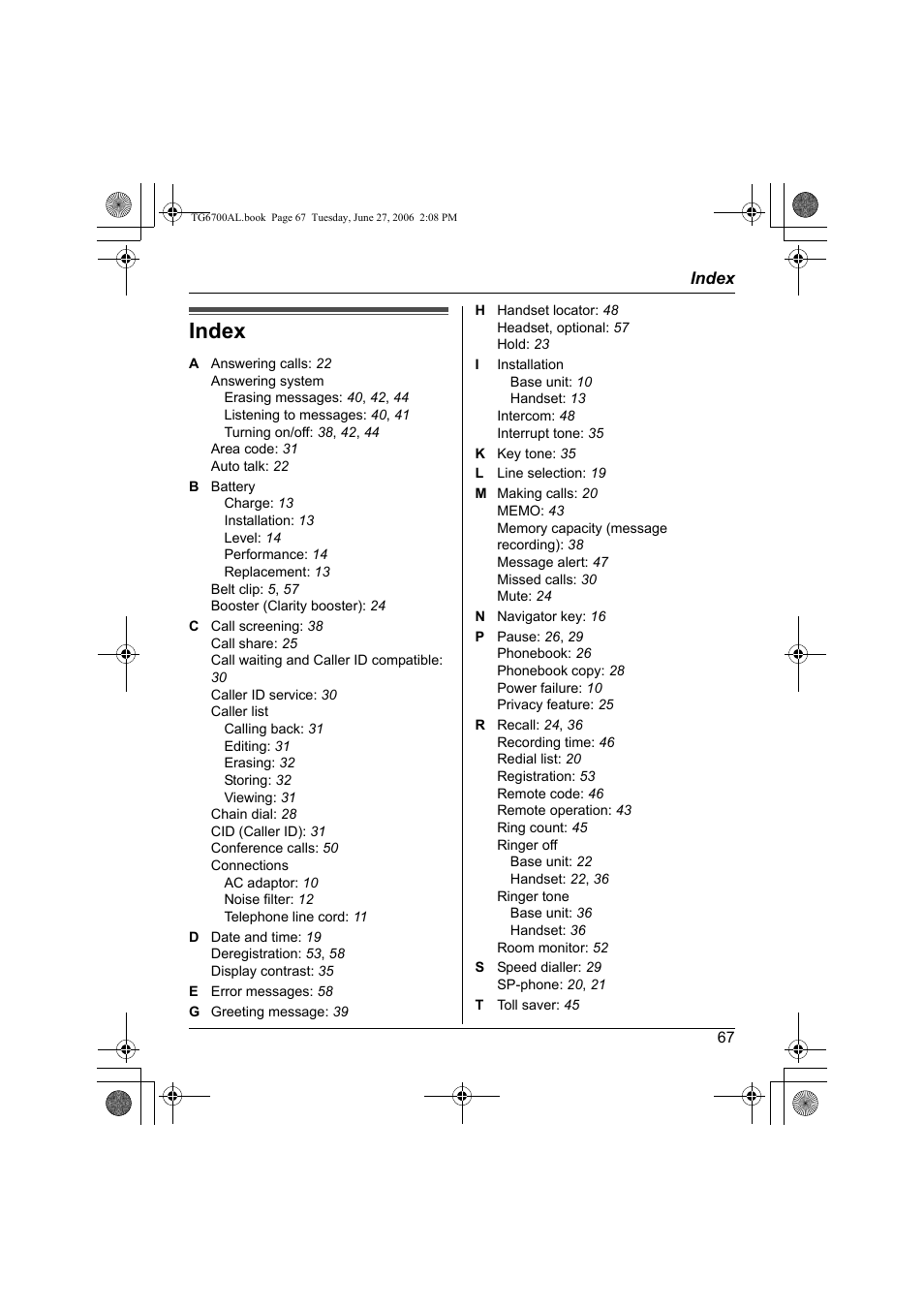 Index | Panasonic KX-TG6700AL User Manual | Page 67 / 72