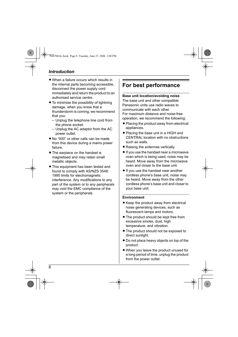 For best performance | Panasonic KX-TG6700AL User Manual | Page 8 / 72