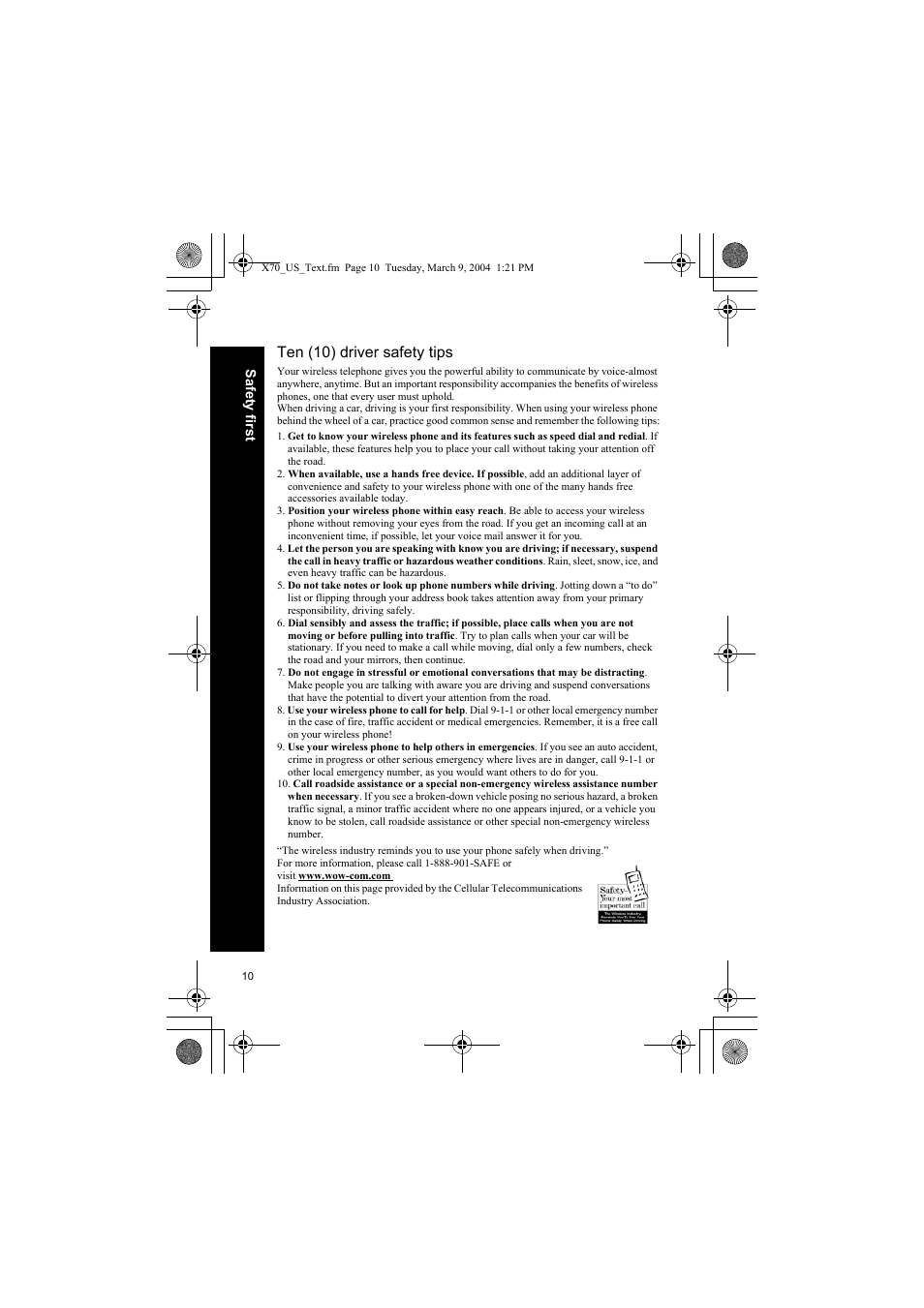 Ten (10) driver safety tips | Panasonic EB-X70 User Manual | Page 10 / 158