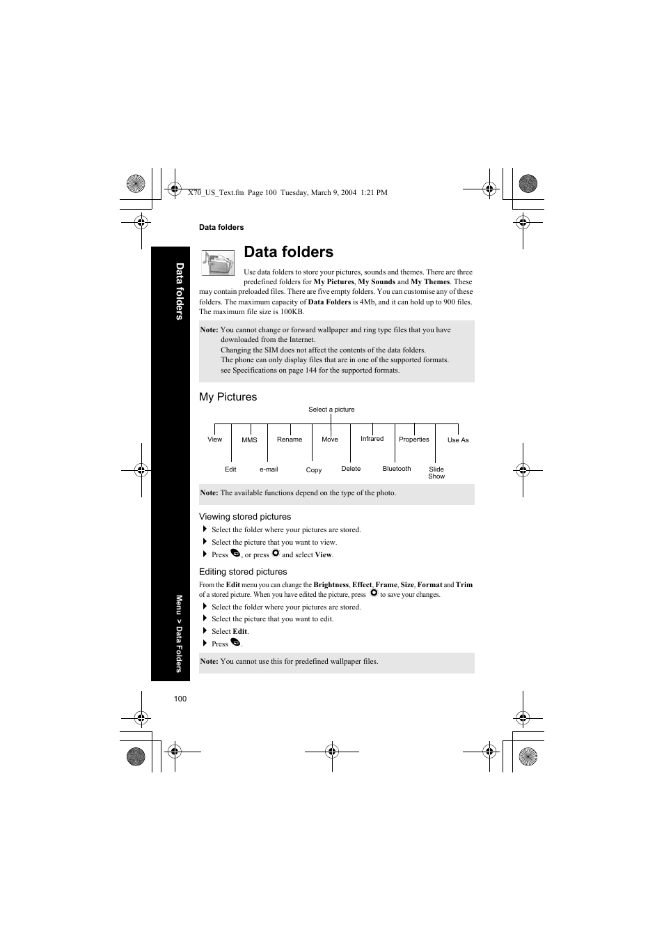 Data folders, My pictures, Viewing stored pictures | Editing stored pictures | Panasonic EB-X70 User Manual | Page 100 / 158