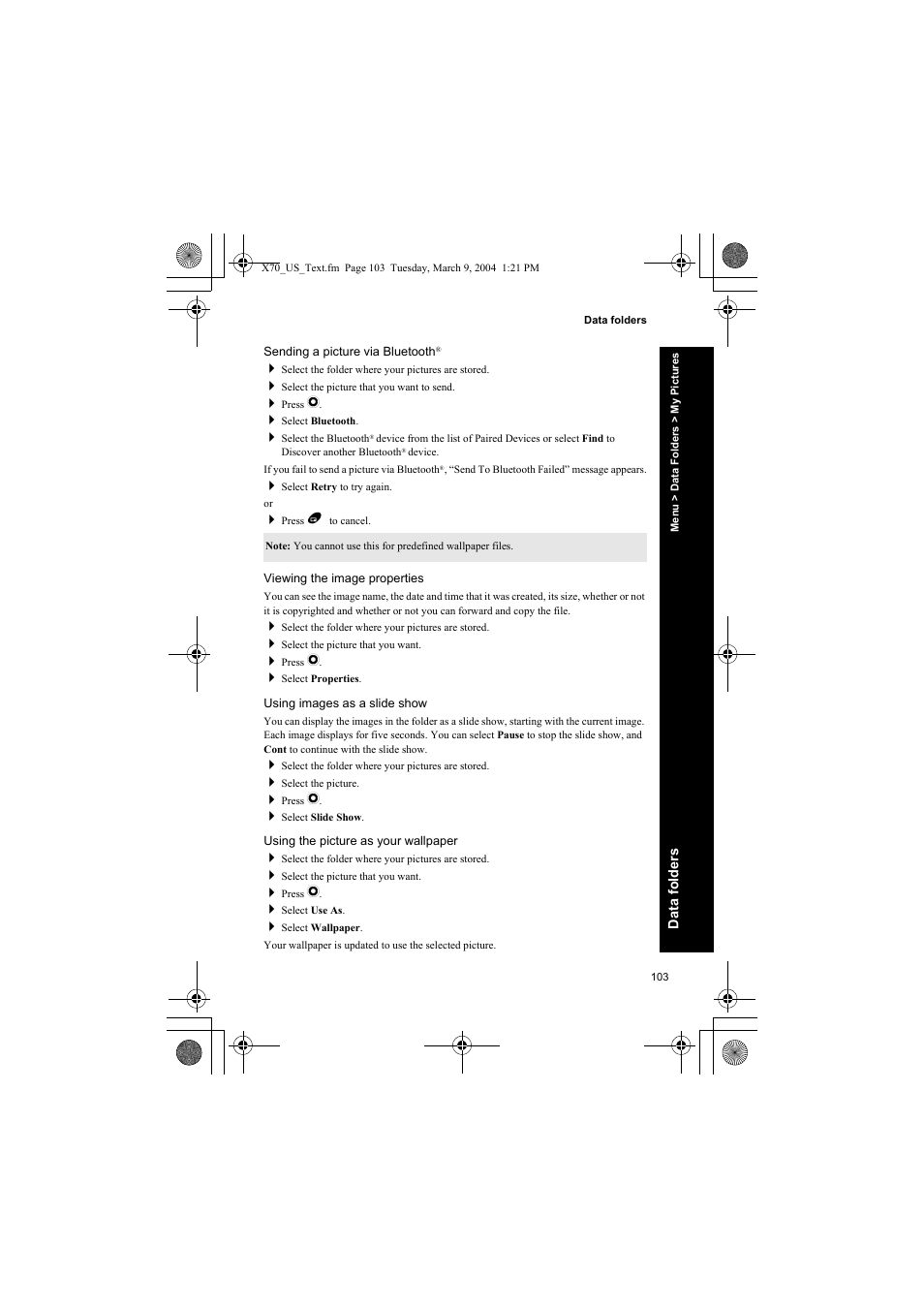 Sending a picture via bluetooth, Viewing the image properties, Using images as a slide show | Using the picture as your wallpaper | Panasonic EB-X70 User Manual | Page 103 / 158