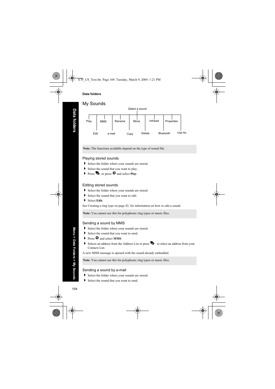 My sounds, Playing stored sounds, Editing stored sounds | Sending a sound by mms, Sending a sound by e-mail | Panasonic EB-X70 User Manual | Page 104 / 158