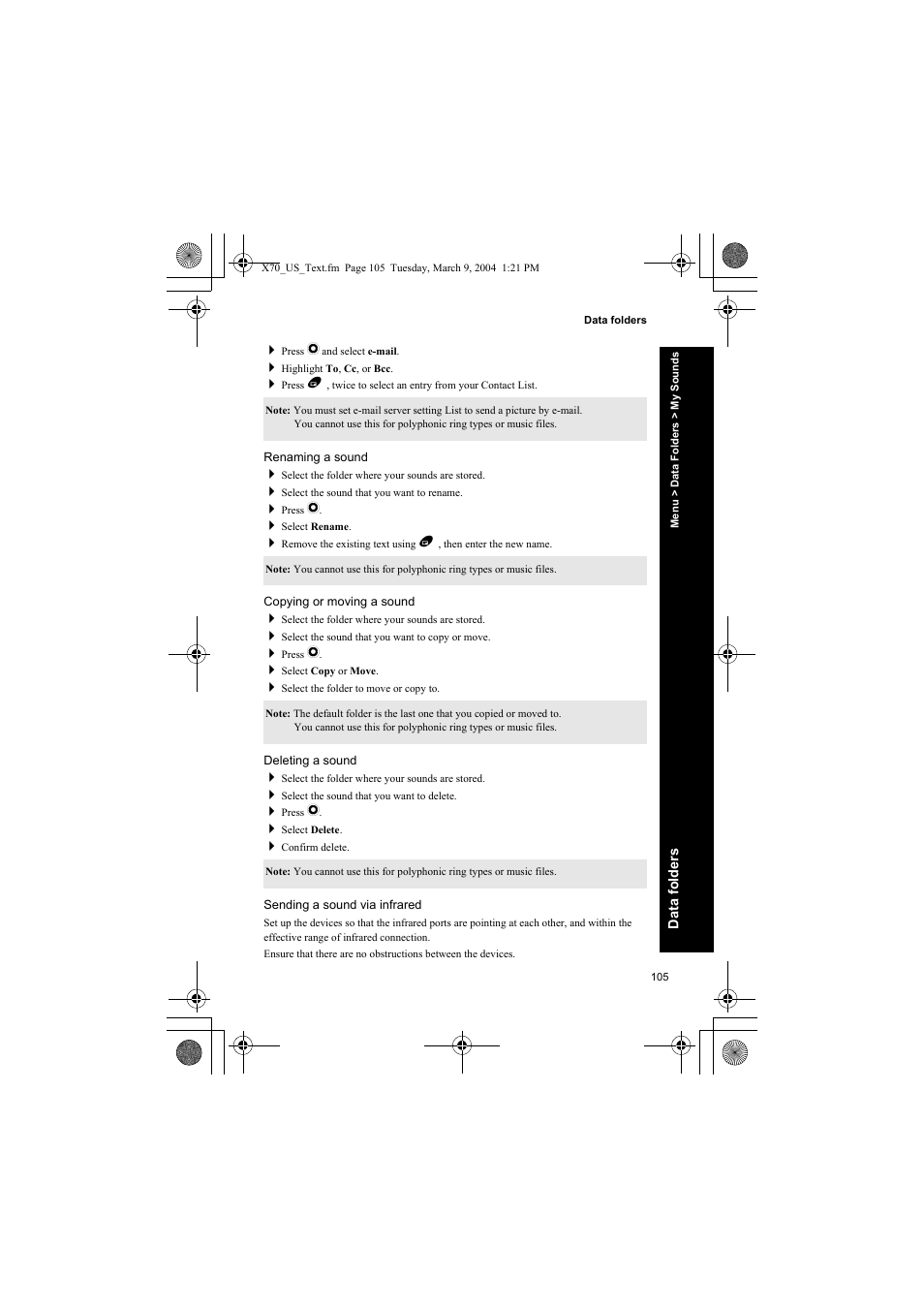 Renaming a sound, Copying or moving a sound, Deleting a sound | Sending a sound via infrared | Panasonic EB-X70 User Manual | Page 105 / 158