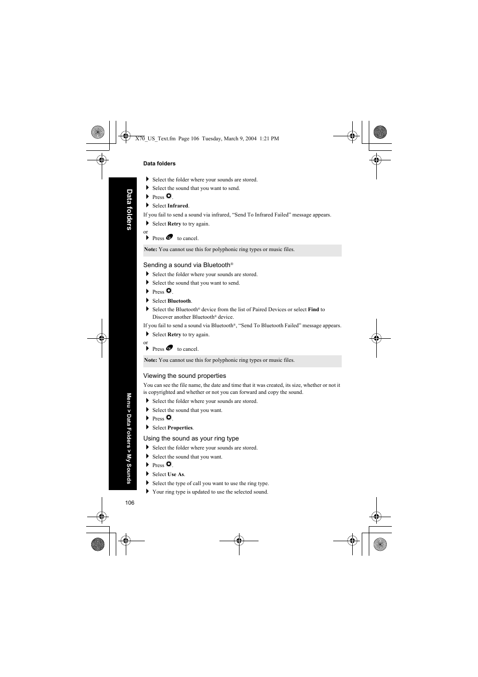 Sending a sound via bluetooth, Viewing the sound properties, Using the sound as your ring type | Panasonic EB-X70 User Manual | Page 106 / 158