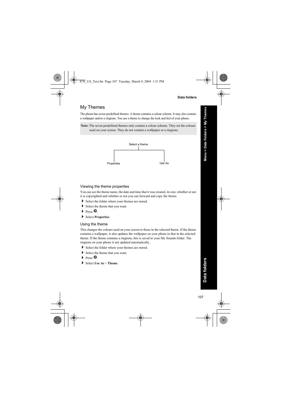 My themes, Viewing the theme properties, Using the theme | Panasonic EB-X70 User Manual | Page 107 / 158